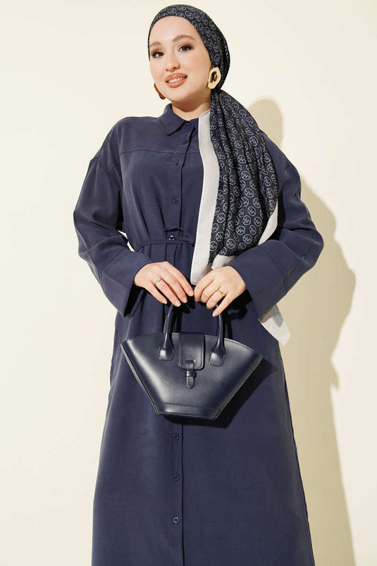 Full-Length Buttoned Tencel Dress with Drawstring Navy Blue