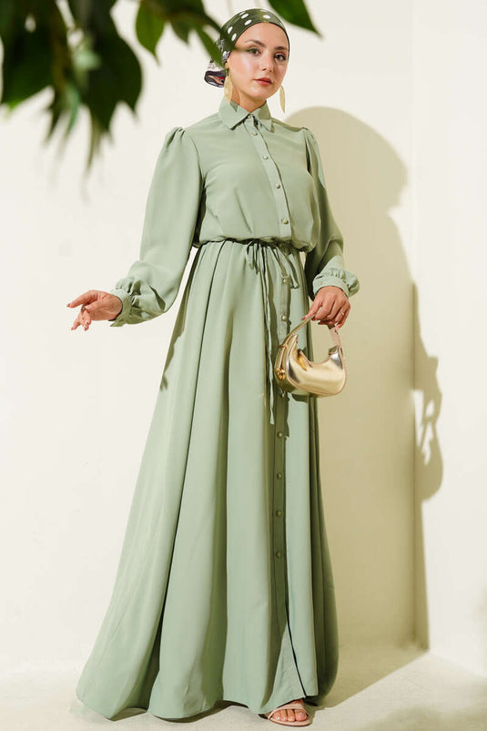 فستان بأزرار وحزام من الحبل باللون الأخضر اللوزي