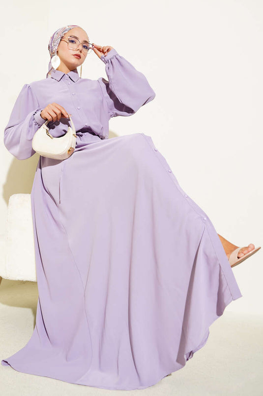 Boydan Düğmeli İp Kuşaklı Elbise Lila