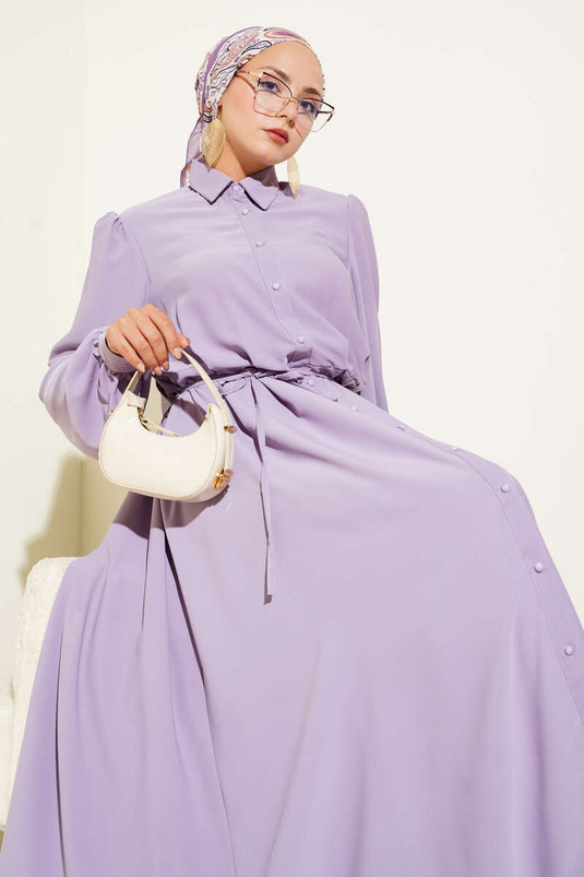 Boydan Düğmeli İp Kuşaklı Elbise Lila