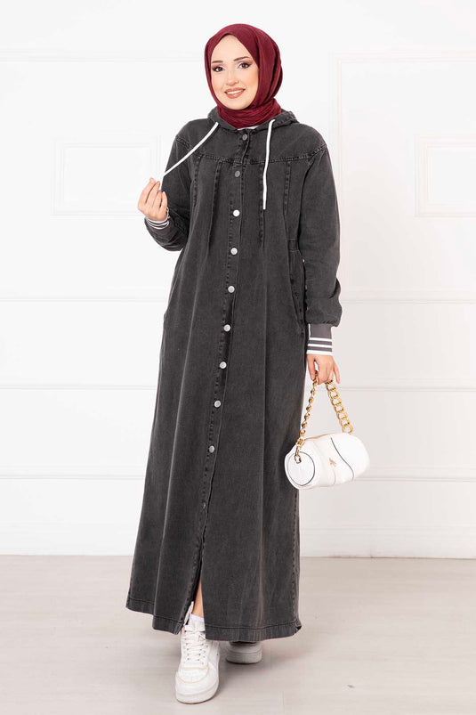 Buttoned Hooded Denim Dress in Charcoal