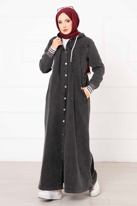 Buttoned Hooded Denim Dress in Charcoal