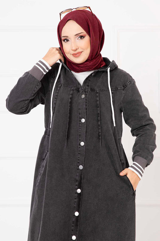 Buttoned Hooded Denim Dress in Charcoal