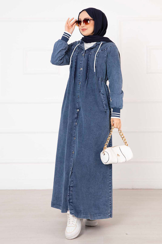 Robe En Jean À Capuche Boutonnée Bleu