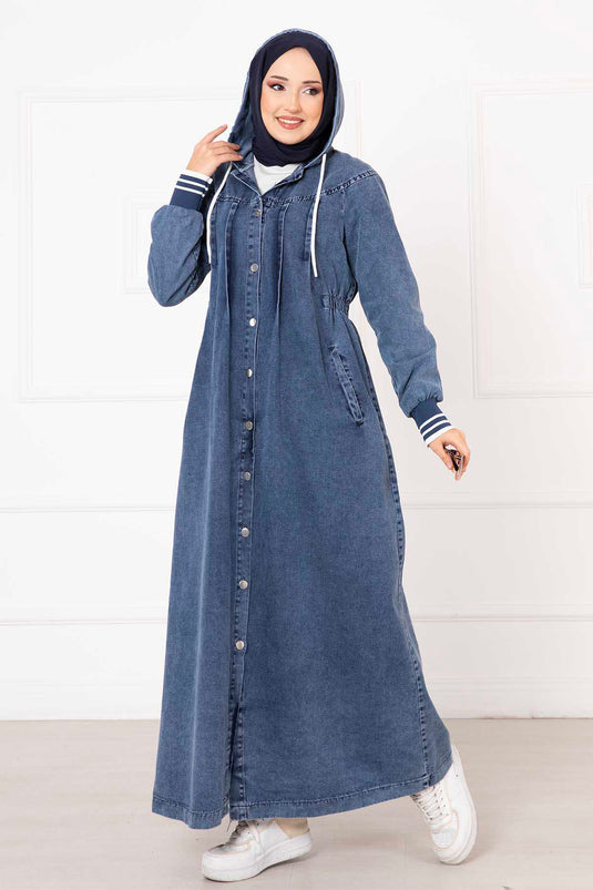 Robe En Jean À Capuche Boutonnée Bleu