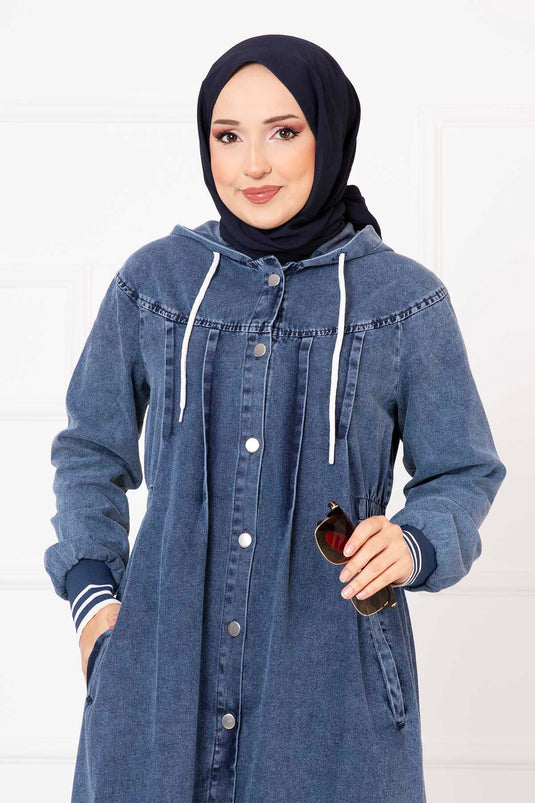 Robe En Jean À Capuche Boutonnée Bleu