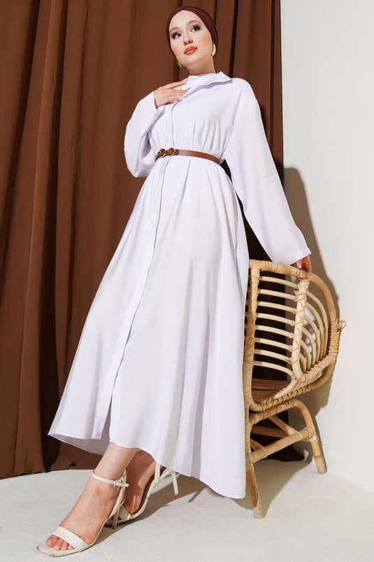 فستان أساسي بأزرار وحزام، أرجواني فاتح