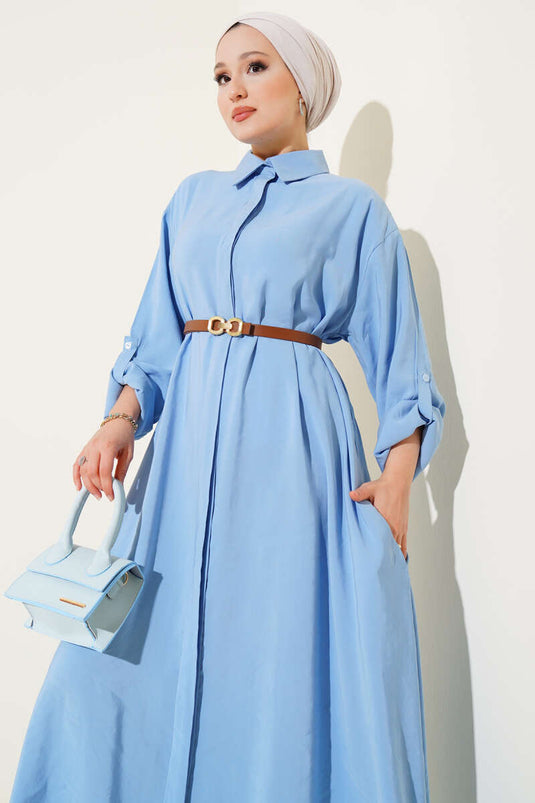 Full-Length Buttoned Dress with Belt Basic Ice Blue