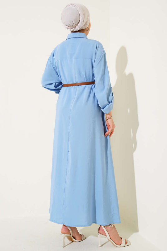 Full-Length Buttoned Dress with Belt Basic Ice Blue