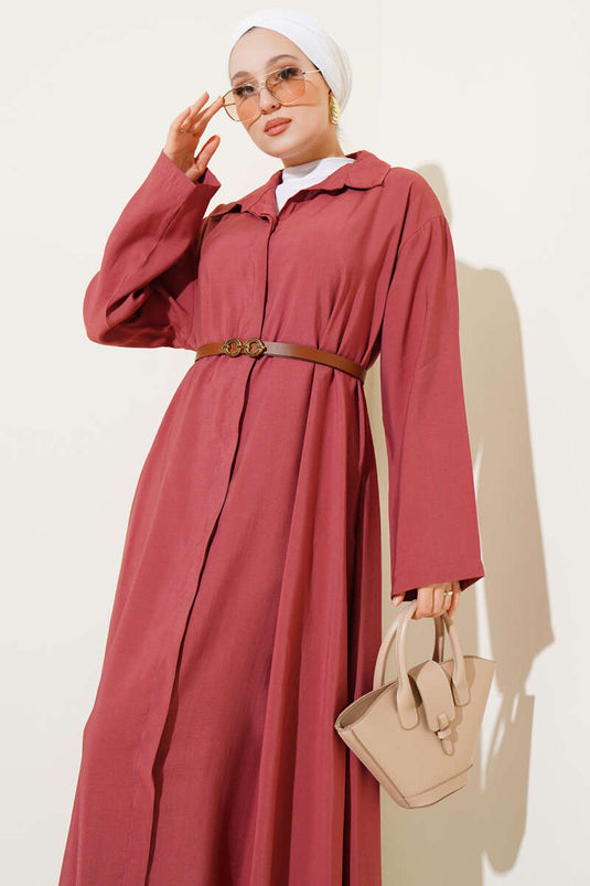 فستان أساسي بحزام بأزرار، لون وردي باهت