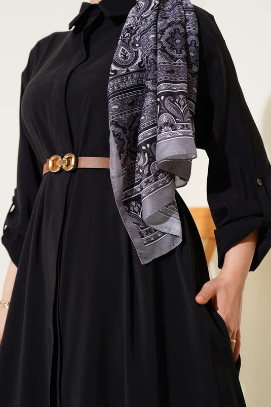 Full-Buttoned Belted Basic Dress Black