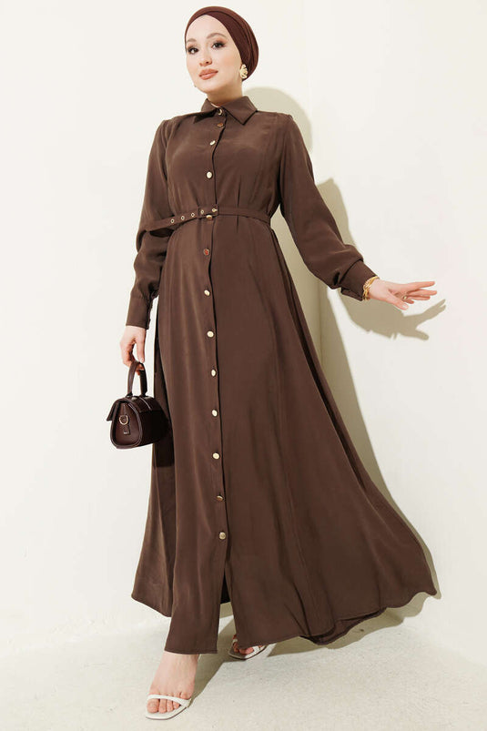 Full-Button Belted Tencel Dress Brown