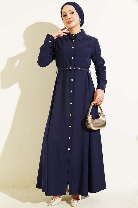 Boyden Knopfleder Tencel Kleid Mit Gürtel Marine