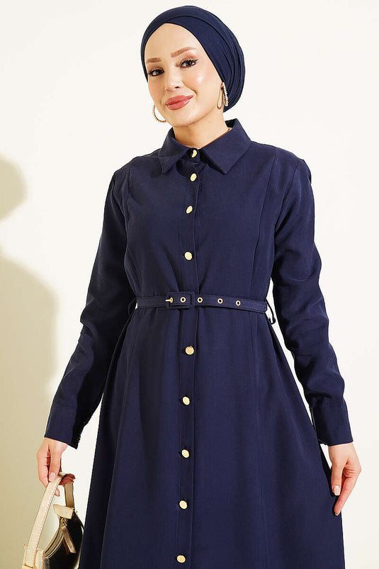 Boyden Knopfleder Tencel Kleid Mit Gürtel Marine