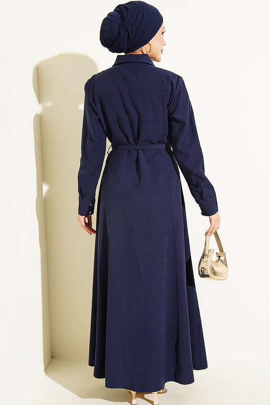 Boyden Knopfleder Tencel Kleid Mit Gürtel Marine