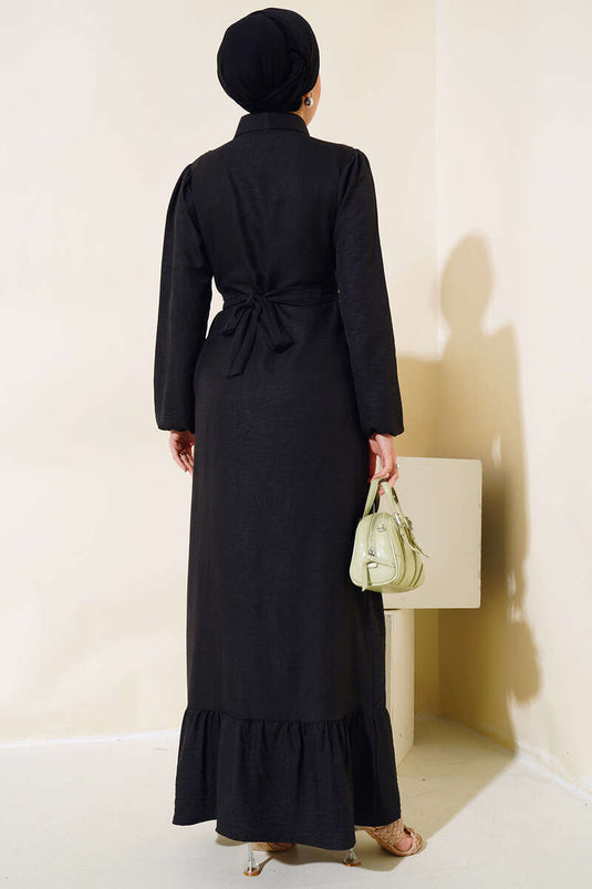 Buttoned Linen Dress Black