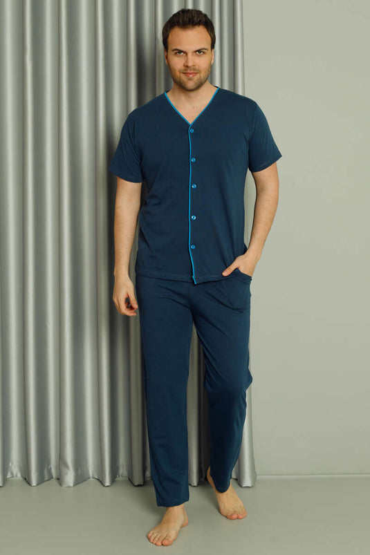 Boydan Düğmeli Kısa Kol Erkek Pijama Takım İndigo