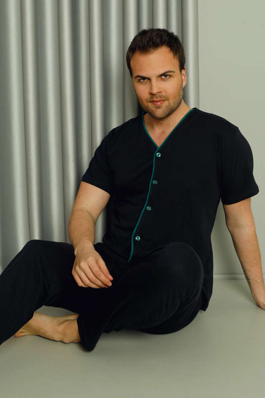 Boydan Düğmeli Kısa Kol Erkek Pijama Takım Lacivert