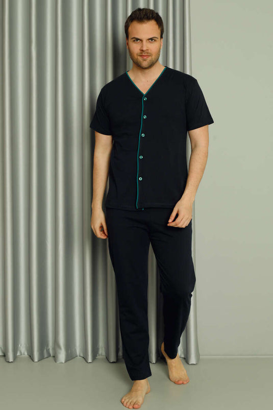 Boydan Düğmeli Kısa Kol Erkek Pijama Takım Lacivert