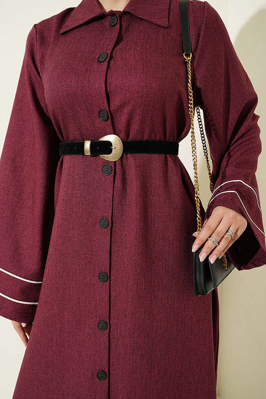 Abaya Bordo À Boutons Avec Manches Ornée