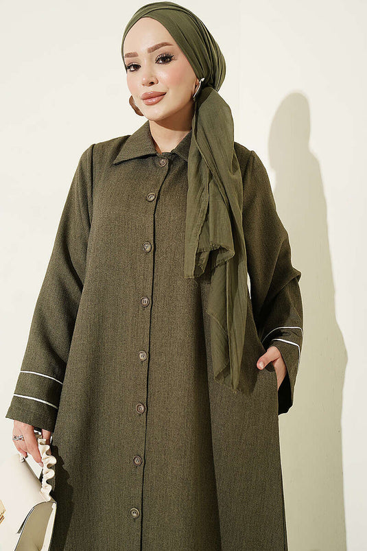 Abaya Modesta Con Bottoni E Decorazioni In Kaki