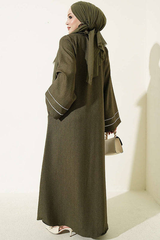 Abaya Modesta Con Bottoni E Decorazioni In Kaki