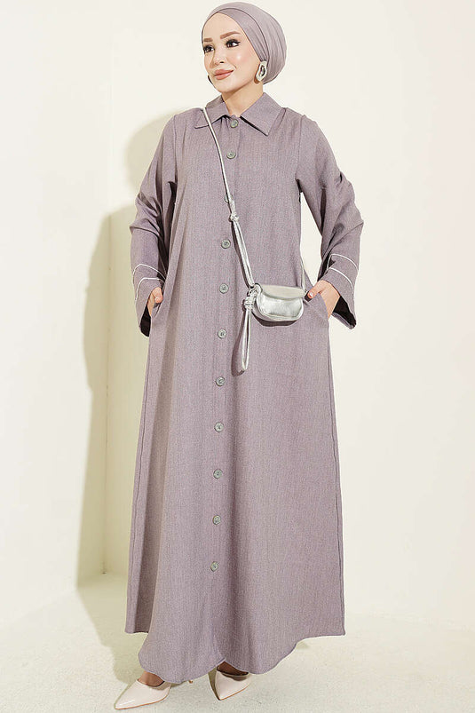 Abaya Lilac Con Bottoni E Maniche Decorate