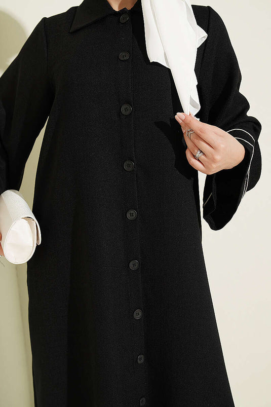 Abaya Nera Bottonata Con Maniche Decorate