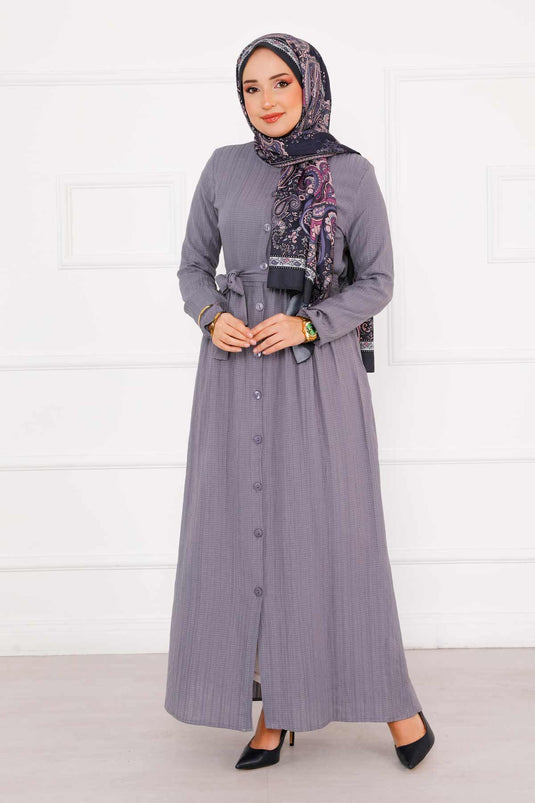 فستان بأزرار وأكمام مرنة باللون الرمادي