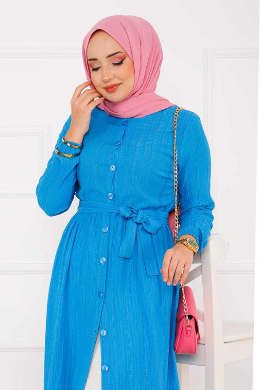 Boydan Düğmeli Kolu Lastikli Elbise İndigo