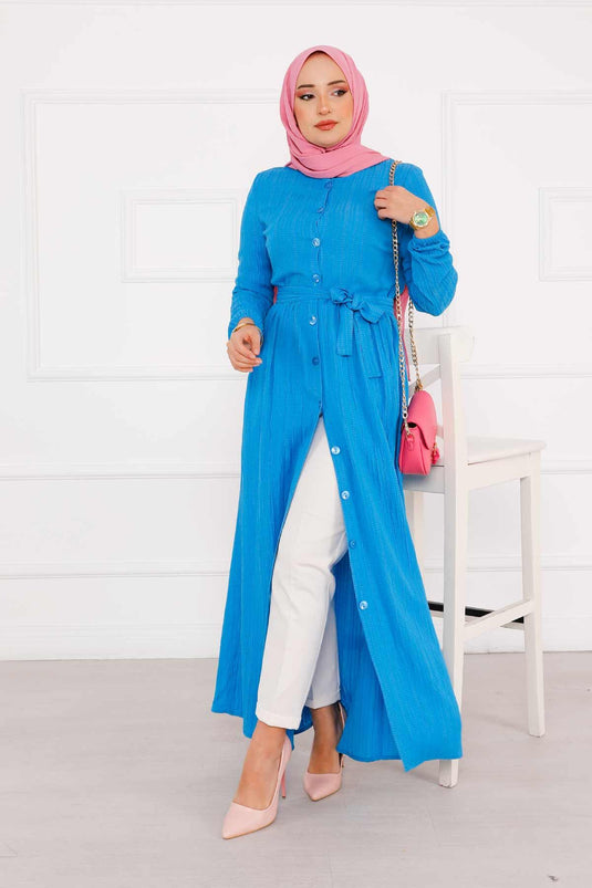 Boydan Düğmeli Kolu Lastikli Elbise İndigo