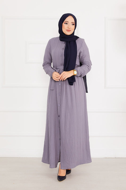 فستان بأكمام مرنة وفتحة رقبة بأزرار - مينك غامق