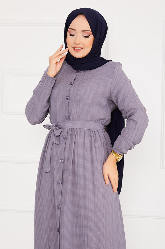 فستان بأكمام مرنة وفتحة رقبة بأزرار - مينك غامق