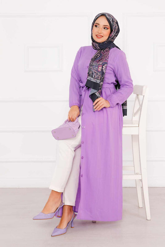 فستان بأزرار وأكمام مرنة - أرجواني