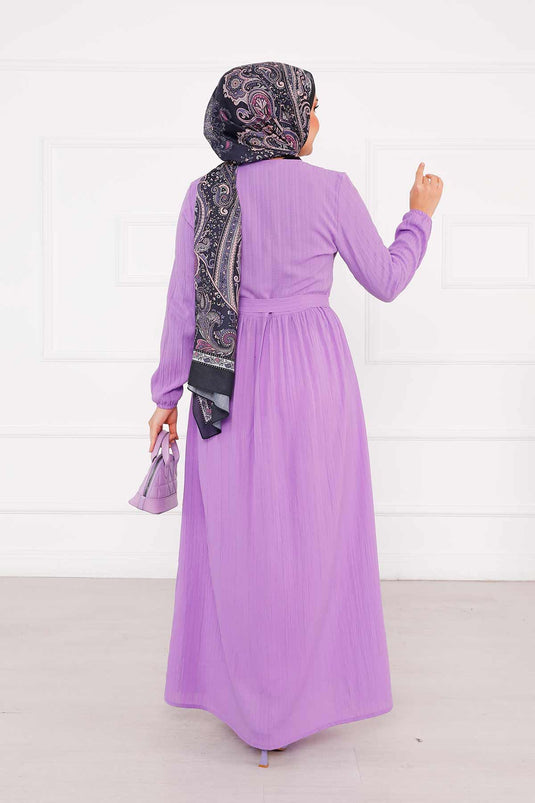 فستان بأزرار وأكمام مرنة - أرجواني