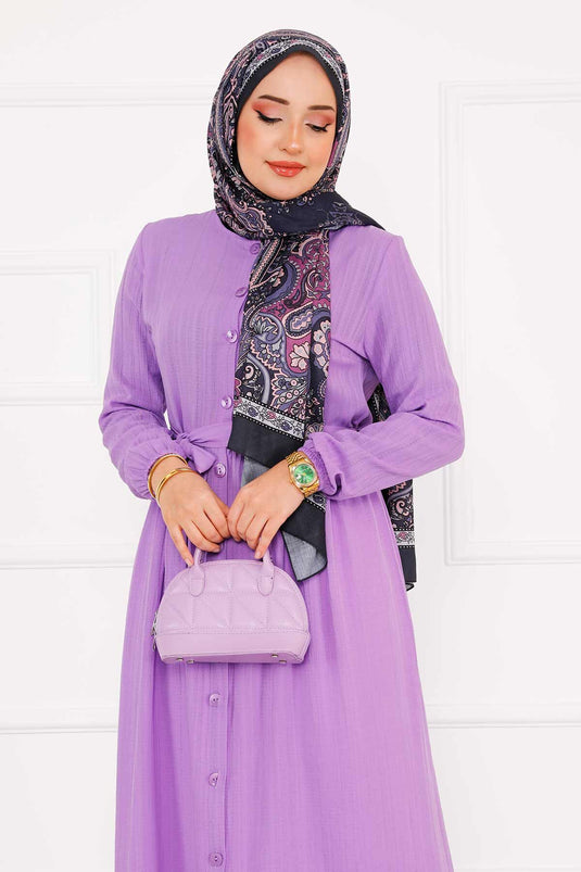 فستان بأزرار وأكمام مرنة - أرجواني