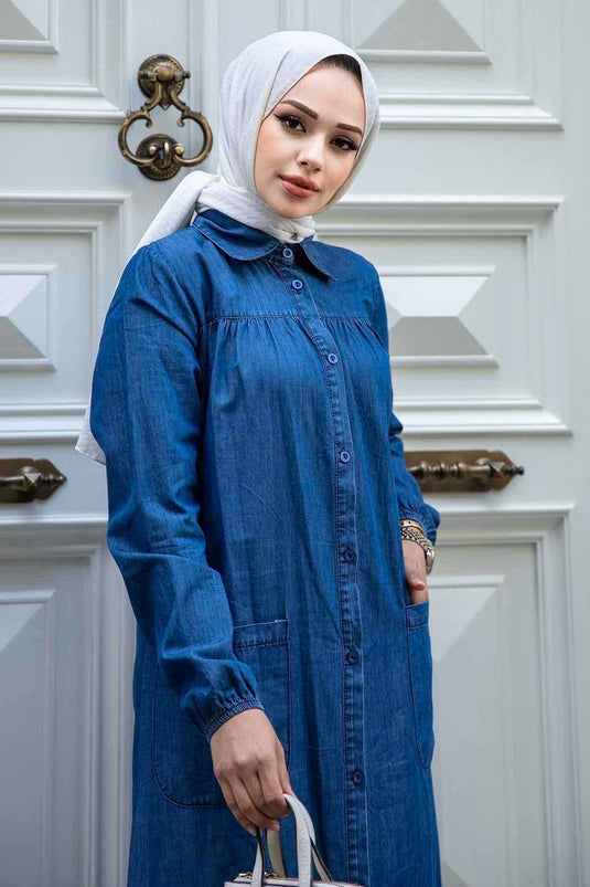 Geknöpftes Hijab-Jeanskleid in Dunkelblau