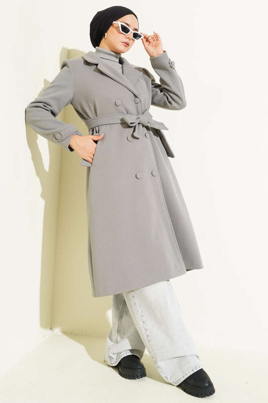 Boydan Düğmeli Kruvaze Yaka Kaşe Kaban Gri