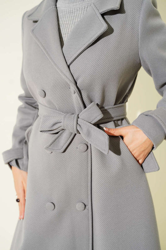 Boydan Düğmeli Kruvaze Yaka Kaşe Kaban Gri