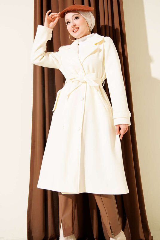 معطف كشمير طويل بأزرار أمامية مزدوجة الصدر، لون كريمي