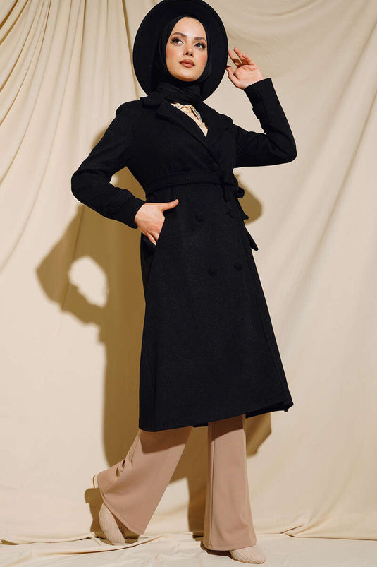 Long Buttoned Double-Breasted Tweed Coat Black