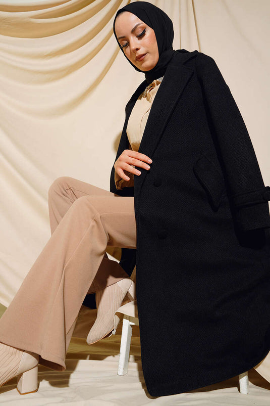 Long Buttoned Double-Breasted Tweed Coat Black