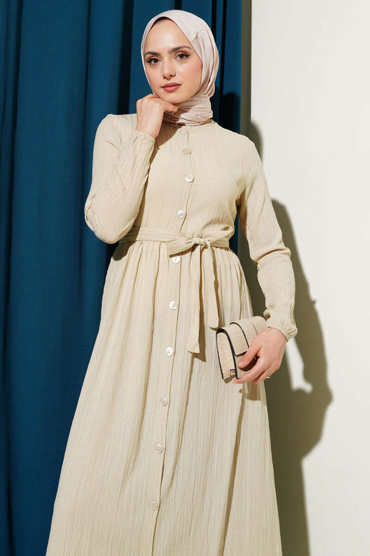 Buttoned Belted Basic Dress Beige