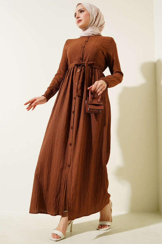 Buttoned Belted Basic Dress Brown