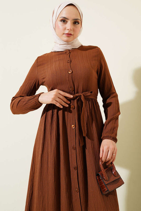 Buttoned Belted Basic Dress Brown