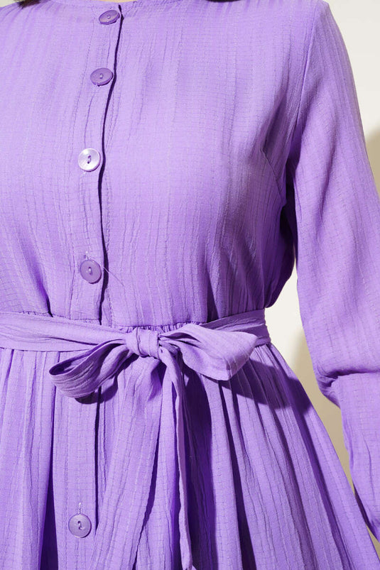 Buttoned Belted Basic Dress Lilac