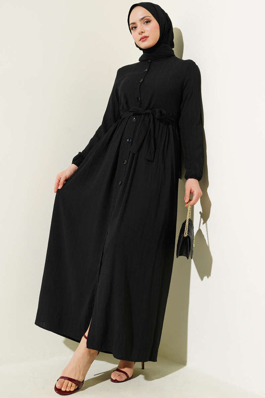 Buttoned Belted Basic Dress Black