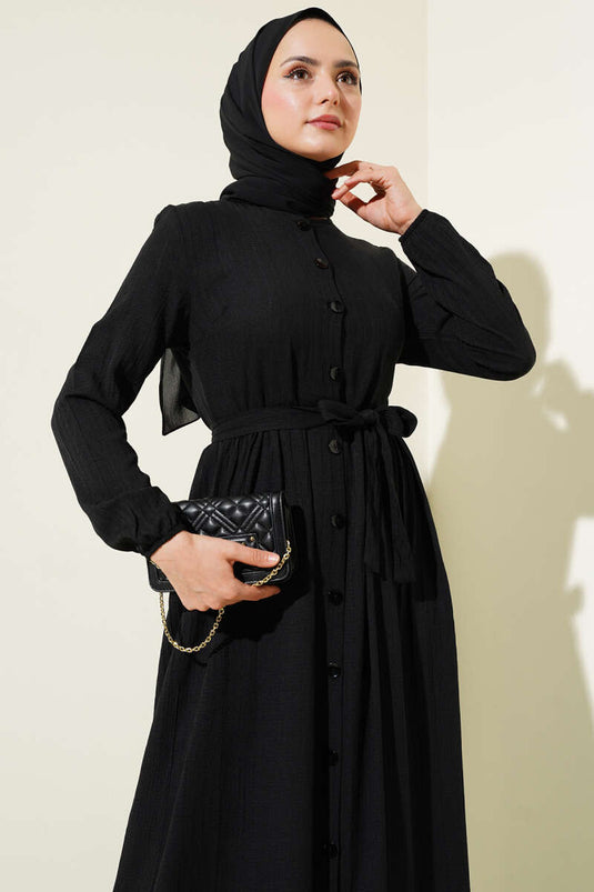 Buttoned Belted Basic Dress Black