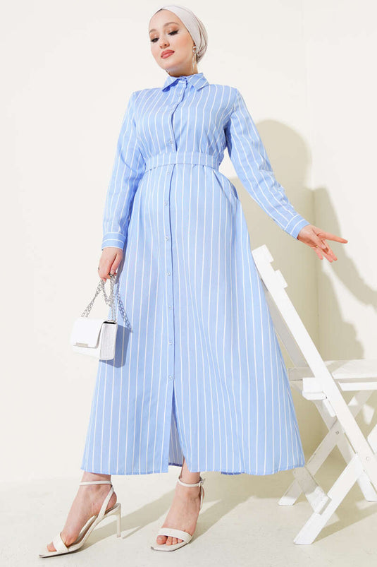 Boydan Düğmeli Kuşaklı Çizgili Elbise Buz Mavisi