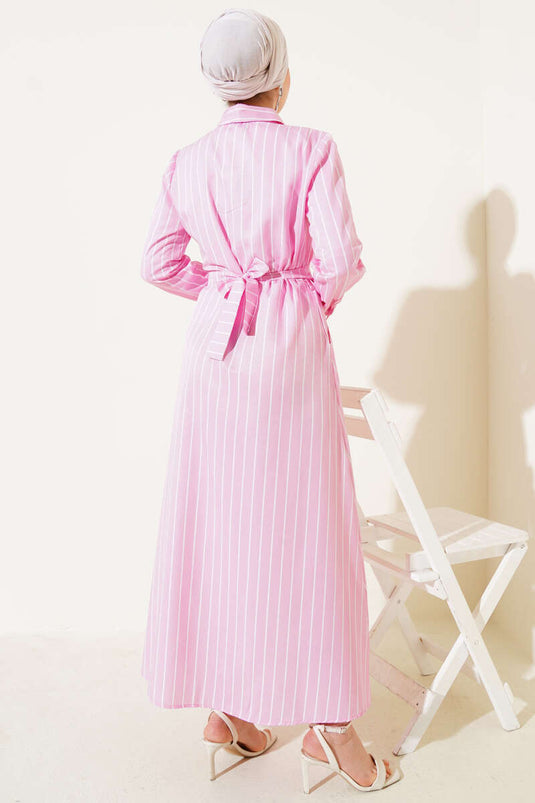 Boydan Düğmeli Kuşaklı Çizgili Elbise Pembe